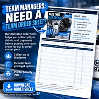 Stinky Lockers Personalized Hockey | Ringette | LAX Sticker Pack, promotional graphic featuring a printable team order sheet for collecting player details and payments, with an 8-piece personalized sports sticker pack and team pricing information.