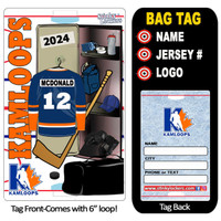Stinky Lockers 3 Star Player Jersey Combo, black sports bag with hockey gear and a personalized hockey water bottle and team ID tag.
