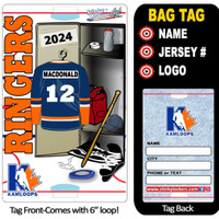 Personalized ringette stick label with name, number, team colors and logo on a ringette stick