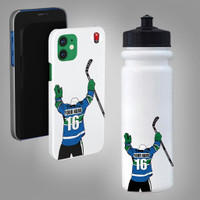 Stinky Lockers Personalized Hockey Sticker for your Water Bottle, Cell Phone, Laptop, Thermal Mug, and More, white water bottle with a hockey player illustration sticker.
