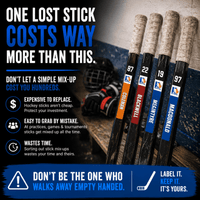Stinky Lockers Personalized Hockey, Ringette, Lacrosse Stick Sticker set with individual stickers featuring player names and numbers on hockey sticks, placed on a wooden surface.