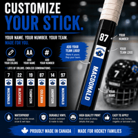 Stinky Lockers Personalized Hockey Ringette Lacrosse Stick Sticker, a customizable adhesive decal featuring team logo, player number, and name, designed for sports lockers and equipment.