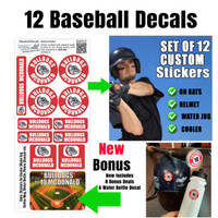 Round baseball bat knob decal with custom player name and number sticker placed on a bat knob to prevent bat mix-ups on youth baseball teams.