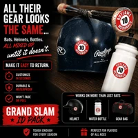 Stinky Lockers Grand Slam ID Pack, personalized gear stickers for baseball bat, helmet, and water bottle attached to sports equipment.