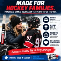 Stinky Lockers 3 Pack of Stick Decal - OTO, product image showing hockey-themed decals with a hockey player and a coach on the ice, promoting hockey families.
