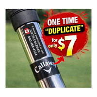 Stinky Lockers Set of 17 Golf ID Labels - Special Duplicate, with an example label showing a name, phone number, and Canadian flag on a golf club grip.