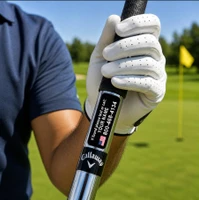 Stinky Lockers Personalized Golf Club Stickers - Set of 17, custom stickers on golf club grip with personalized text and American flag, used on golf course.