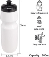 Stinky Lockers 20oz Sports Water Bottles, 10 Pack, Reusable No BPA Plastic, Pull Top Leakproof Drink Spout - Image of a white water bottle with black cap, measuring 24cm in height and 6.5cm in width, with icons highlighting easy squeeze, BPA-free, leakproof design, and 360-degree easy cleaning.