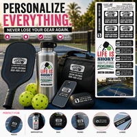 Stinky Lockers Personalized Pickleball Paddle Waterproof Decal Pack, custom name stickers for paddle, water bottle, phone, and gear, with examples of personalized stickers on paddle and water bottle, designed for outdoor pickleball equipment.