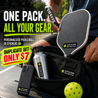 Stinky Lockers Personalized Pickleball Paddle Pack-Duplicate Set, promotional image showing gym gear including a personalized pickleball paddle, water bottle, phone, and ball with customization options, on a park bench.