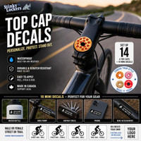Stinky Lockers Personalized Bike Top Cap Decals – Set of 14, image shows a mounted bicycle top cap decorated with a pizza slice design, part of a product display for bike stickers.