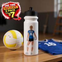 Stinky Lockers 3 Pack Personalized Female Volleyball Sticker-Duplicates, image of a white water bottle with a volleyball player sticker, a yellow and white volleyball, and blue volleyball jerseys on a wooden surface.