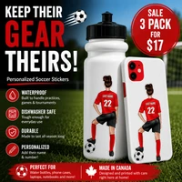 Stinky Lockers Personalized Female Soccer Sticker, a customized soccer sticker featuring a female player with last name and number on her red jersey, suitable for water bottles and phone cases.