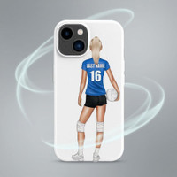 Stinky Lockers Personalized Volleyball iPhone Soft Case, phone case featuring a female volleyball player with blonde hair, wearing a blue jersey with last name and number, black shorts, and holding a volleyball.