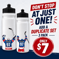 Stinky Lockers Hockey Celly Decal 3 Pack Exact Duplicate Set, featuring hockey players with jerseys, with promotional text on a white background.