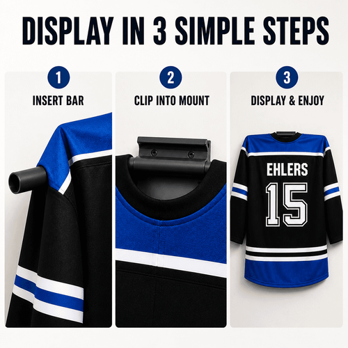 Stinky Lockers Sports Jersey Wall Mount (3-Pack), an easy-to-use display for sports jerseys shown on a hockey jersey mounted on the wall, demonstrating the three-step installation process.