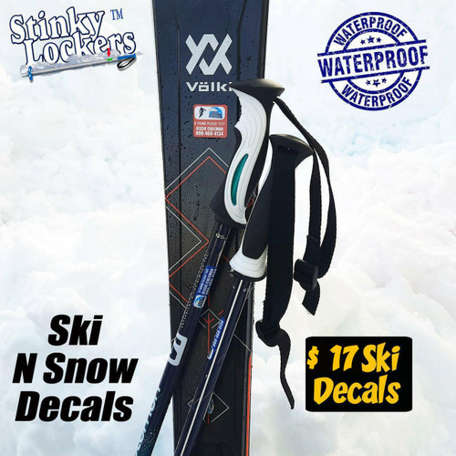 Stinky Lockers Personalized Ski Stickers-Skis, Pole & More That Last, waterproof and durable ski decals attached to ski poles and equipment in snowy background.