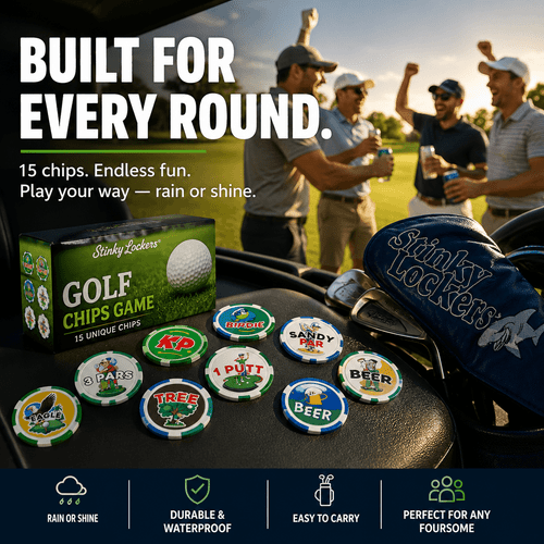 Stinky Lockers Golf Chips Game - 15 Unique Golf Poker Chip Collection, set of colorful golf-themed chips with various designs and words on a golf course setting.