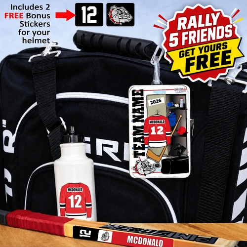 Stinky Lockers Personalized Hockey Team Combo – Rally 5 Friends & Get Yours FREE, personalized hockey gear set featuring a team-themed bag tag, water bottle, and hockey stick with player name and number, plus two free helmet stickers.