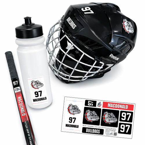 Stinky Lockers Personalized Power Play Sticker Pack, includes hockey helmet, water bottle, marker, and decal sheet with Bulldog mascot and number 97 stickers.