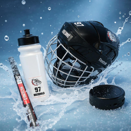 Stinky Lockers Personalized Power Play Sticker Pack, includes hockey-themed stickers, a water bottle, a hockey puck, and a helmet with a cage, all designed for hockey fans.