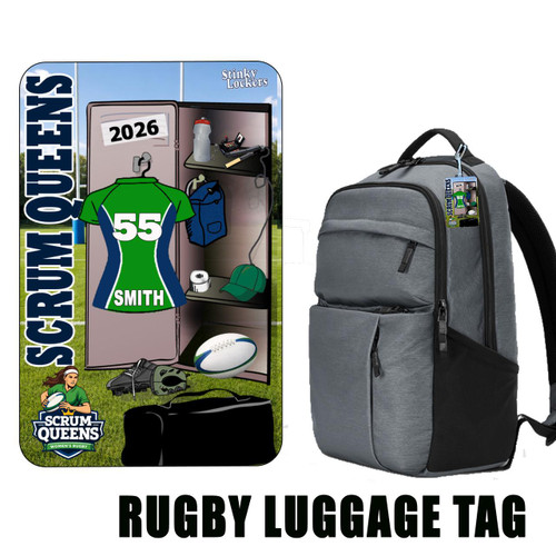 Stinky Lockers Personalized Female Rugby Luggage Tag, attached to a grey backpack with sporting equipment.