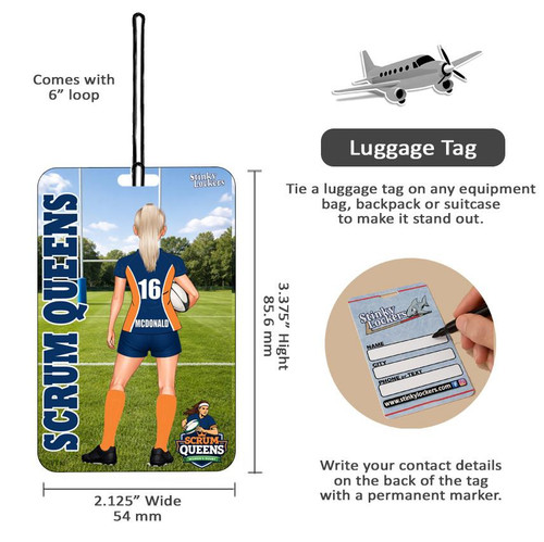 Stinky Lockers Personalized Female Rugby Luggage Tag with Player Image, featuring an athletic female rugby player in uniform on a green field, ideal for identifying luggage.