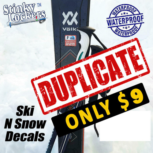 Stinky Lockers Duplicate Set of Ski Stickers, waterproof snow decals for skis and snowboards, with vibrant design for winter sports gear.