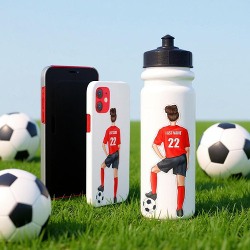 Stinky Lockers 12 Dollar Special-2 Female Soccer Stickers & FREE Digital Download Coloring Pages, soccer-themed water bottle and phone case with girl soccer player illustration on grass with soccer balls
