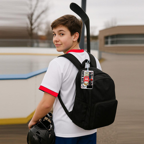 Stinky Lockers Personalized Hockey Luggage Tag OTO, image of a young boy with a backpack and a hockey stick showing a personalized luggage tag attached to his backpack.