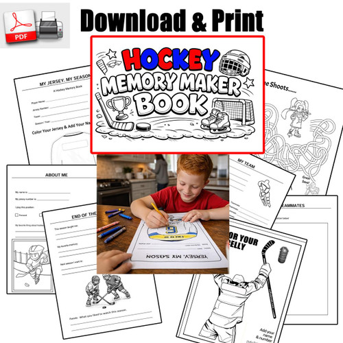 Stinky Lockers Hockey Memory Maker PDF Printable Book, a digital hockey-themed memory book for kids with printable pages for recording hockey memories and experiences.