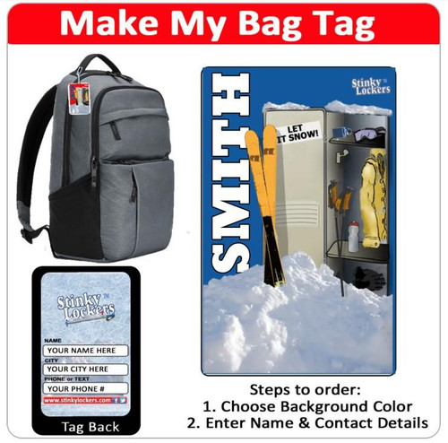 Stinky Lockers Personalize Ski Luggage Tag with Loop OTO, new ski accessories for luggage identification.
