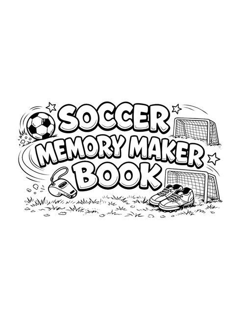 Stinky Lockers Soccer Memory Maker Printable PDF Book, black and white coloring page with soccer ball, goalposts, soccer shoes, and a whistle.