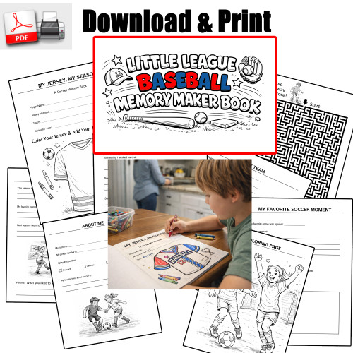 Stinky Lockers Baseball Memory Maker Printable PDF Book, a printable coloring and activity book featuring baseball-themed pages for kids to create memories and personalize with their name and team details.