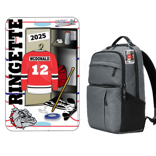 Stinky Lockers Personalized Ringette Luggage Tag with Loop-OTO, featuring a hockey-themed design with a jersey, hockey stick, and locker room elements.