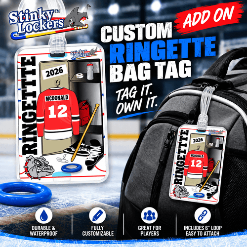 Stinky Lockers Personalized Ringette Luggage Tag with Loop-OTO, a hockey locker room themed luggage tag attached to a backpack.