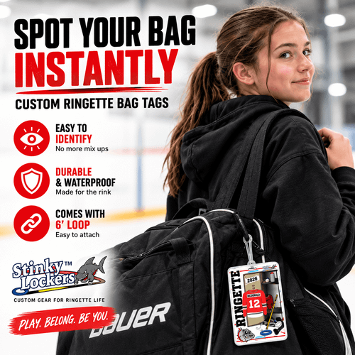 Stinky Lockers Personalized Ringette Luggage Tag with Loop-OTO, a photo showcasing a customized ringette-themed luggage tag attached to a black sports bag, featuring gear and a team logo.