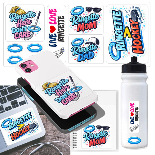 Stinky Lockers Assorted Ringette Sticker Pack, colorful stickers featuring ringette themes and phrases like 'Ringette Hair Don't Care,' 'Love Ringette,' 'Ringette Mom,' and 'Ringette Dad' for decorating personal items.