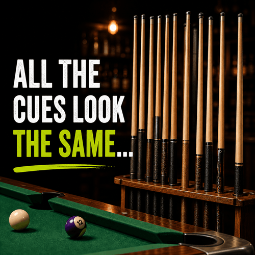 Stinky Lockers Personalized Pool Cue ID Decals, set of billiard cue stickers displayed on wooden cue sticks in a dark billiard room.