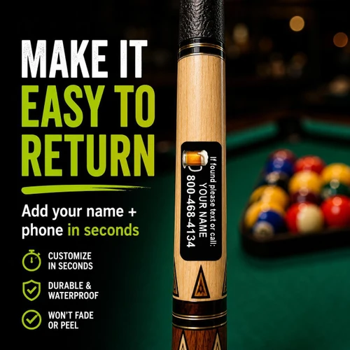 Stinky Lockers Duplicate Set – Billiard Cue ID Decals, set of identical custom billiard cue ID decals with phone number and name on a pool table background.