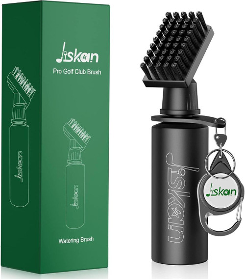 Stinky Lockers Pro Golf Club Cleaner Brush Combo With Squeeze Water Bottle, portable golf club cleaning kit with brush and water bottle for golf clubs, black and green color, compact design with keychain attachment.