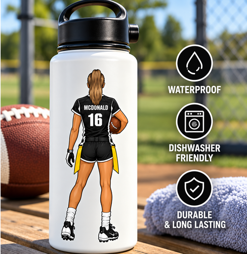 Personalized female flag football sticker shown on a cell phone and laptop. Great for decorating water bottles, notebooks, tablets, helmets and more.
