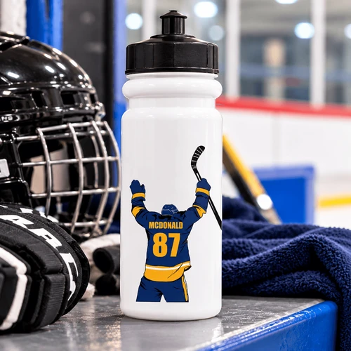 Stinky Lockers Mississauga Hurricanes Personalized Hockey Water Bottle Sticker – Name & Number, white sports bottle featuring a personalized hockey player sticker with the name McDonald and number 87, displayed beside hockey gear.