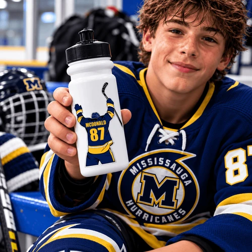 Stinky Lockers Mississauga Hurricanes Personalized Hockey Water Bottle Sticker – Name & Number, a hockey player holds a white water bottle displaying a personalized Mississauga Hurricanes sticker with the name McDonald and number 87.