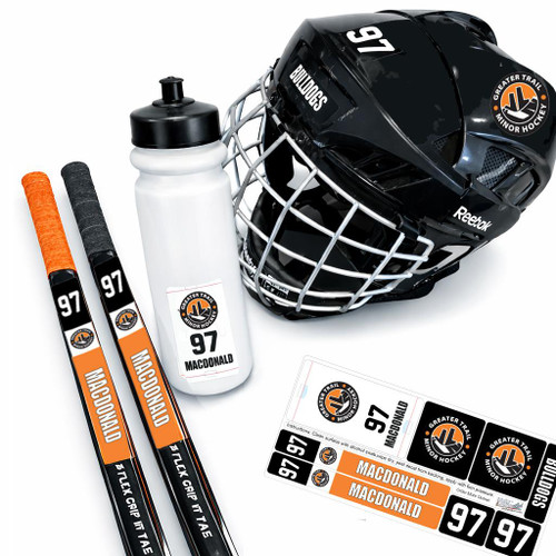 Stinky Lockers Personalized Hockey Ringette LAX Sticker Pack, includes customized stickers with player name MacDonald and number 97, hockey helmet, water bottle, and tape.
