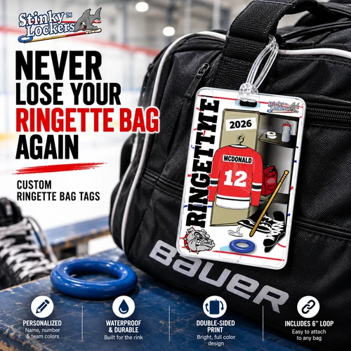 Personalized ringette bag tag with player name, jersey number and team colors attached to a ringette equipment bag.