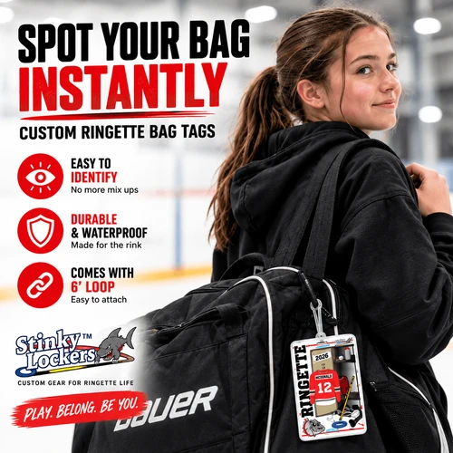 Stinky Lockers Personalized Ringette Bag Tag – Custom Name, Number & Team Colors attached to a hockey bag, featuring a hockey player's belongings and team logo.