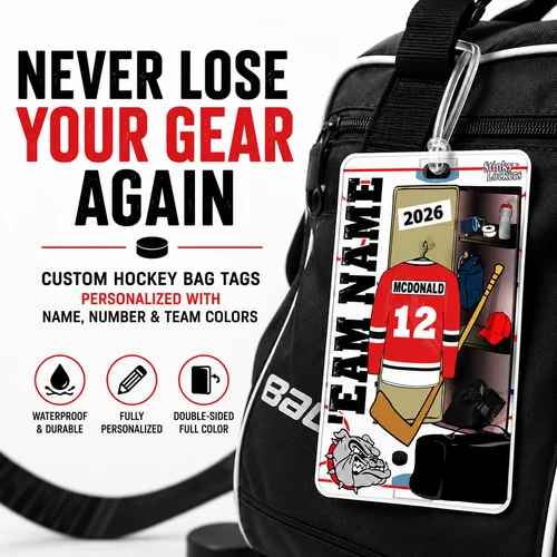 Personalized hockey bag tag customized with player name, jersey number and team colors on a hockey equipment bag
