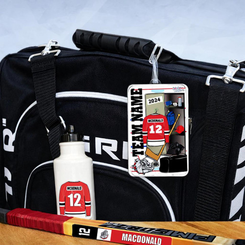 Stinky Lockers 3 Star Player Jersey Combo, black sports bag with hockey gear and a personalized hockey water bottle and team ID tag.