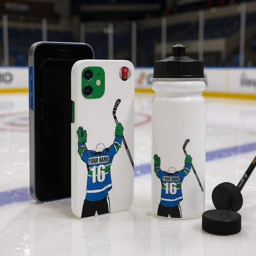 Stinky Lockers Personalized Hockey Sticker for your Water Bottle | Cell Phone | Laptop | Thermal Mug & More, image of a hockey-themed sticker featuring a hockey player celebrating on a water bottle.